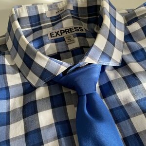 Express Men XL Fitted Blue/White Checkered Dress Shirt w/ Blue Express Tie